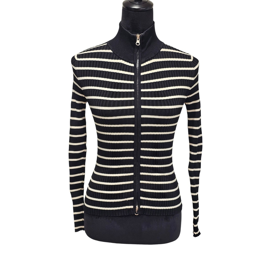 5|48 Zip Up Cardigan Womens XS Black White Striped Ribbed 5/48 548